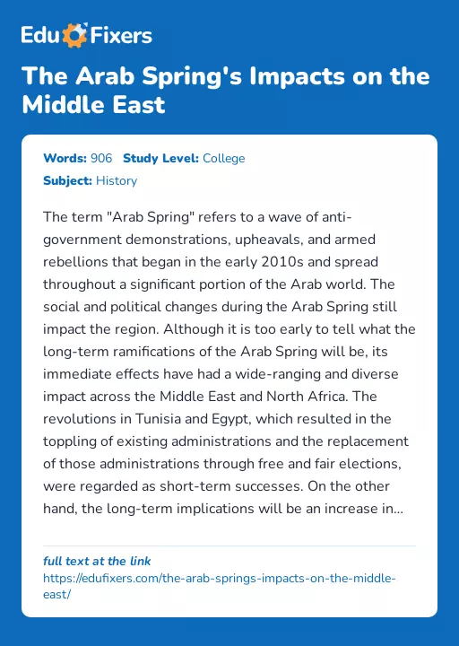 The Arab Spring's Impacts on the Middle East - Essay Preview
