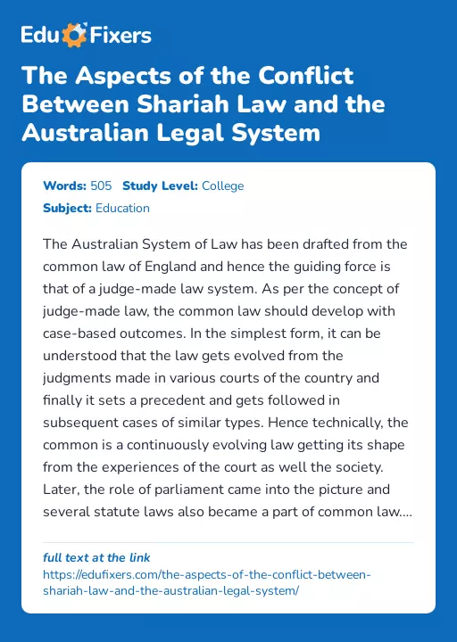 The Aspects of the Conflict Between Shariah Law and the Australian Legal System - Essay Preview