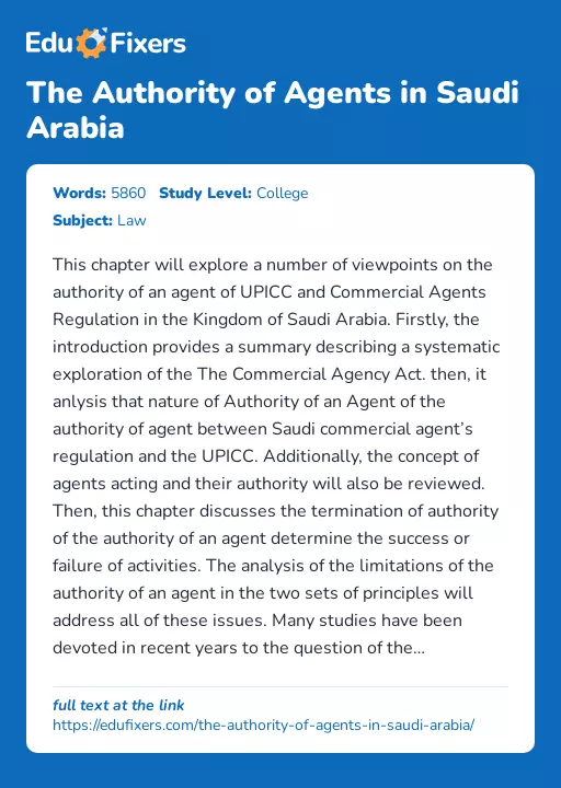 The Authority of Agents in Saudi Arabia - Essay Preview