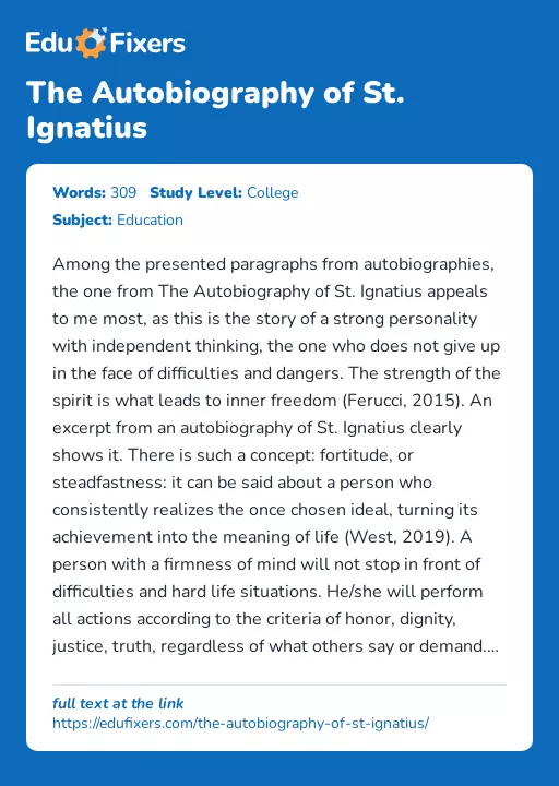 The Autobiography of St. Ignatius - Essay Preview