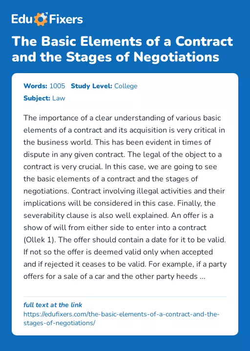 The Basic Elements of a Contract and the Stages of Negotiations - Essay Preview