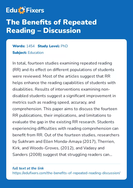 The Benefits of Repeated Reading – Discussion - Essay Preview
