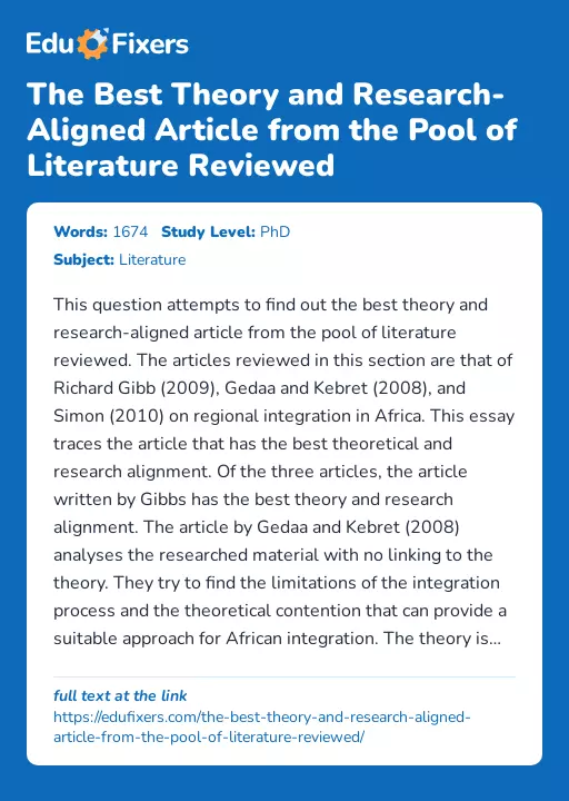 The Best Theory and Research-Aligned Article from the Pool of Literature Reviewed - Essay Preview