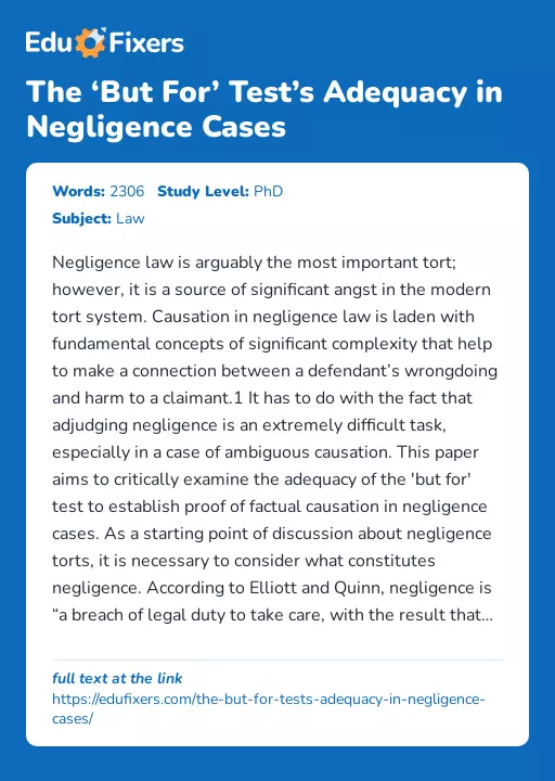 The ‘But For’ Test’s Adequacy in Negligence Cases - Essay Preview