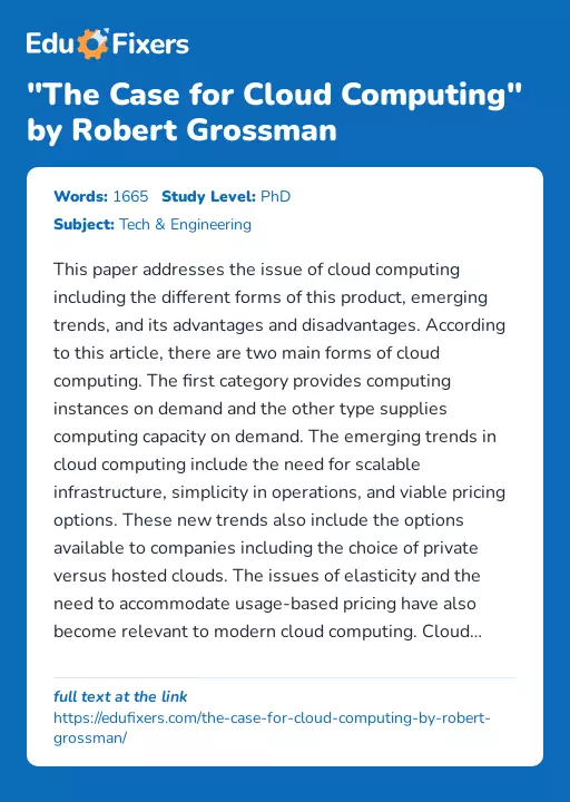 "The Case for Cloud Computing" by Robert Grossman - Essay Preview