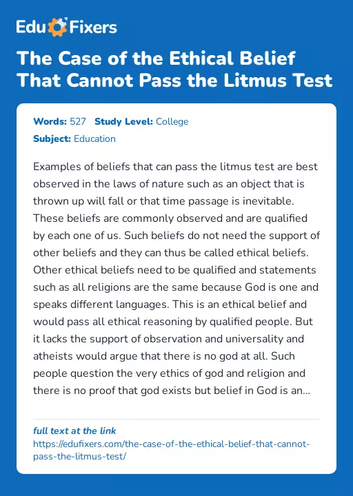 The Case of the Ethical Belief That Cannot Pass the Litmus Test - Essay Preview