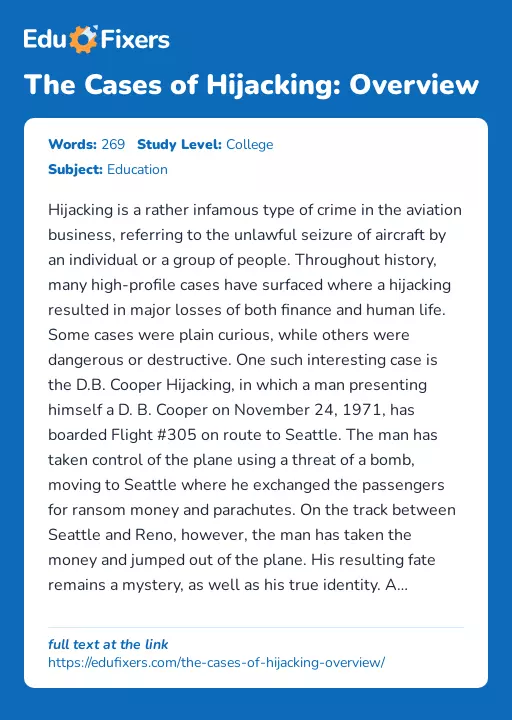 The Cases of Hijacking: Overview - Essay Preview