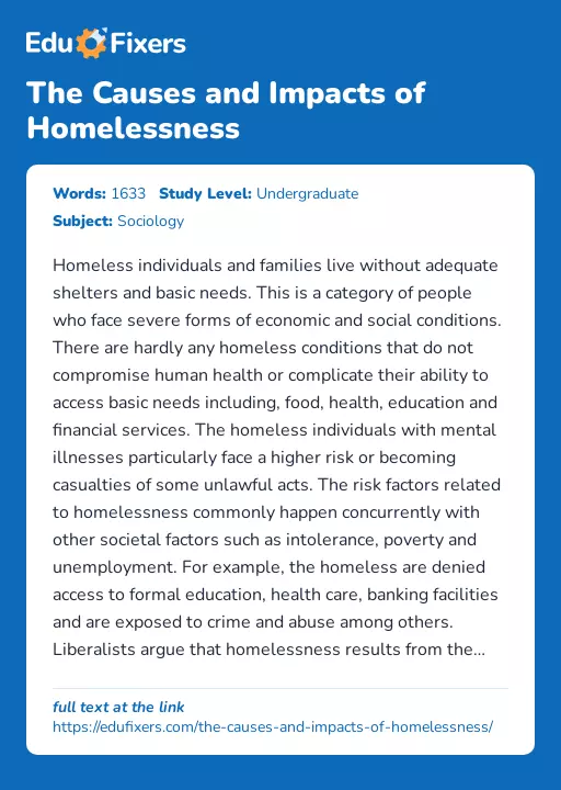 The Causes and Impacts of Homelessness - Essay Preview