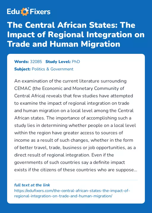 The Central African States: The Impact of Regional Integration on Trade and Human Migration - Essay Preview