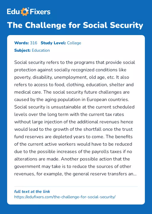 The Challenge for Social Security - Essay Preview