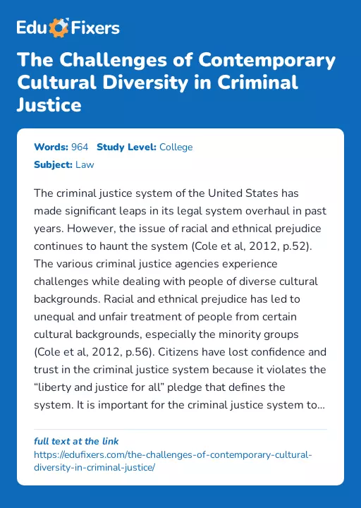 The Challenges of Contemporary Cultural Diversity in Criminal Justice - Essay Preview