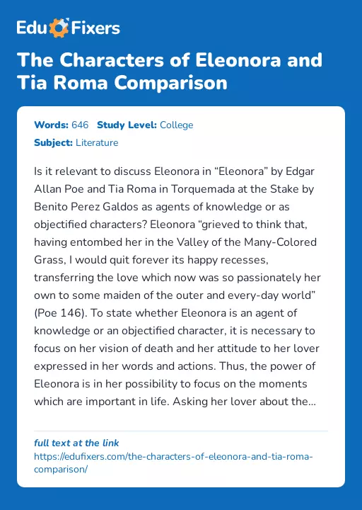 The Characters of Eleonora and Tia Roma Comparison - Essay Preview