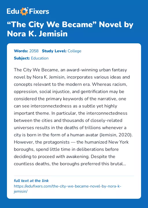 “The City We Became” Novel by Nora K. Jemisin - Essay Preview