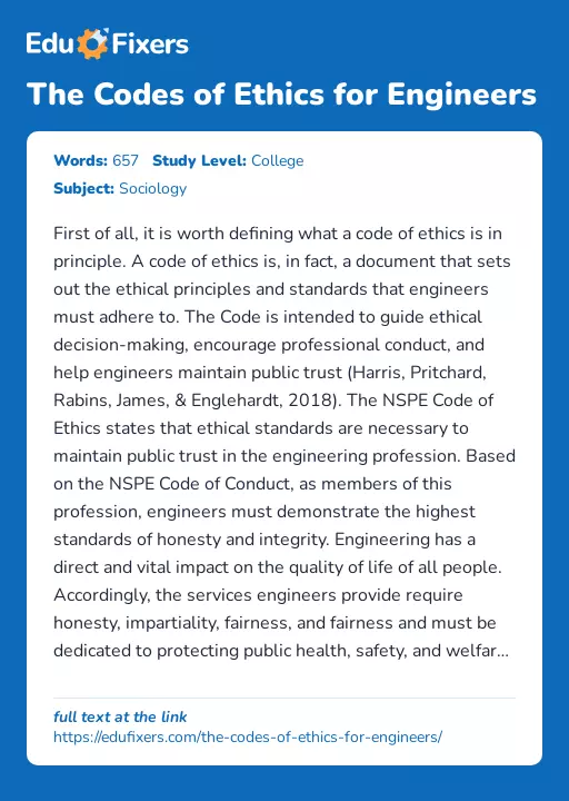 The Codes of Ethics for Engineers - Essay Preview