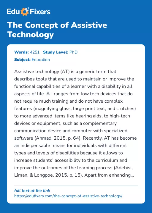 The Concept of Assistive Technology - Essay Preview