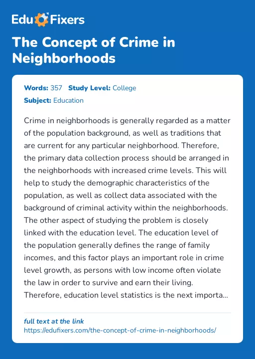 The Concept of Crime in Neighborhoods - Essay Preview