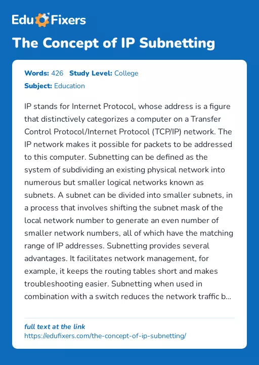 The Concept of IP Subnetting - Essay Preview