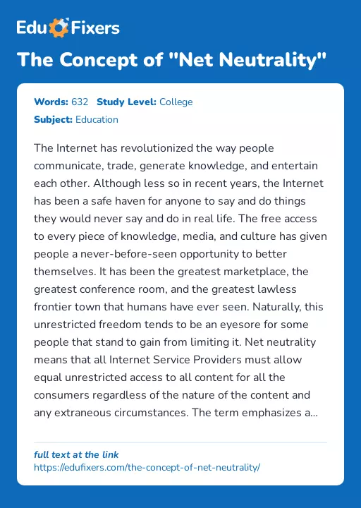 The Concept of "Net Neutrality" - Essay Preview