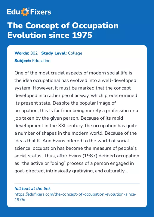The Concept of Occupation Evolution since 1975 - Essay Preview