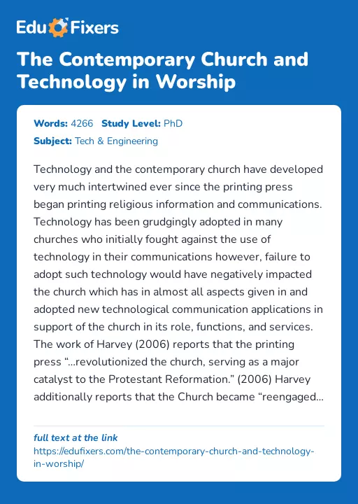 The Contemporary Church and Technology in Worship - Essay Preview