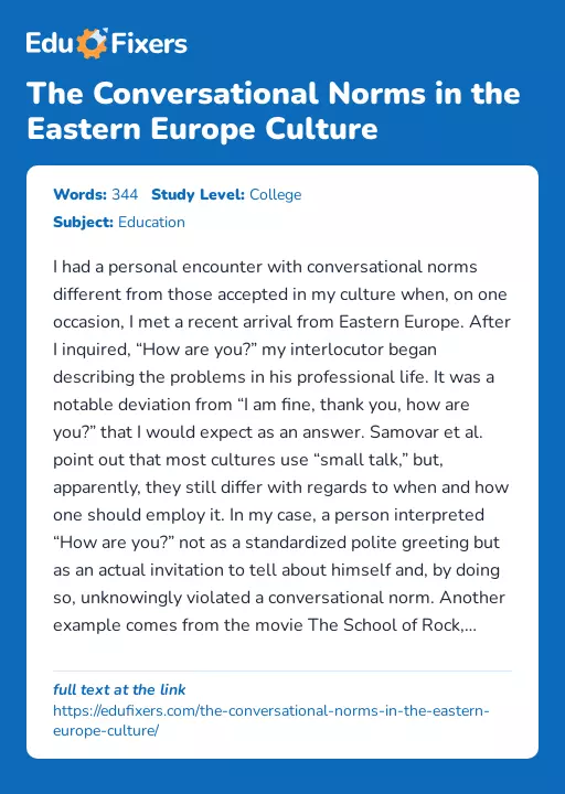 The Conversational Norms in the Eastern Europe Culture - Essay Preview