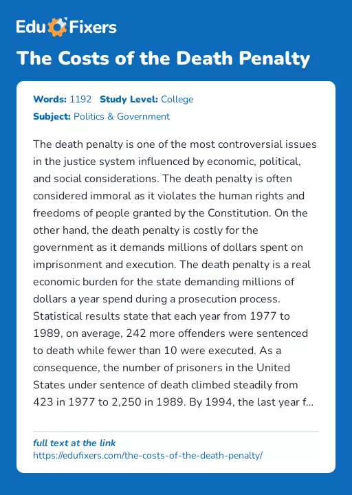 The Costs of the Death Penalty - Essay Preview