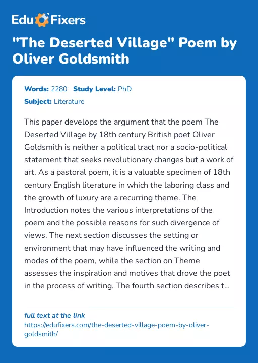 "The Deserted Village" Poem by Oliver Goldsmith - Essay Preview