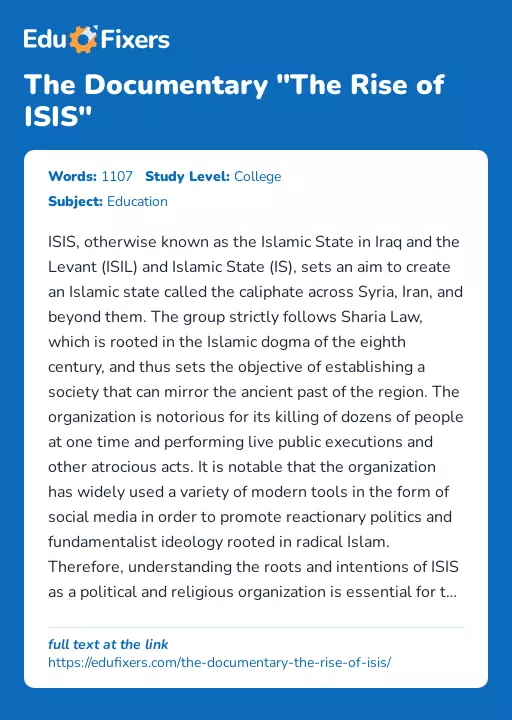The Documentary "The Rise of ISIS" - Essay Preview