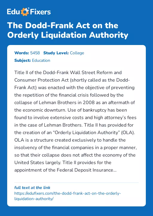 The Dodd-Frank Act on the Orderly Liquidation Authority - Essay Preview