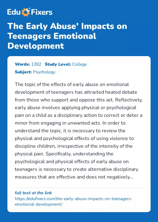 The Early Abuse' Impacts on Teenagers Emotional Development - Essay Preview