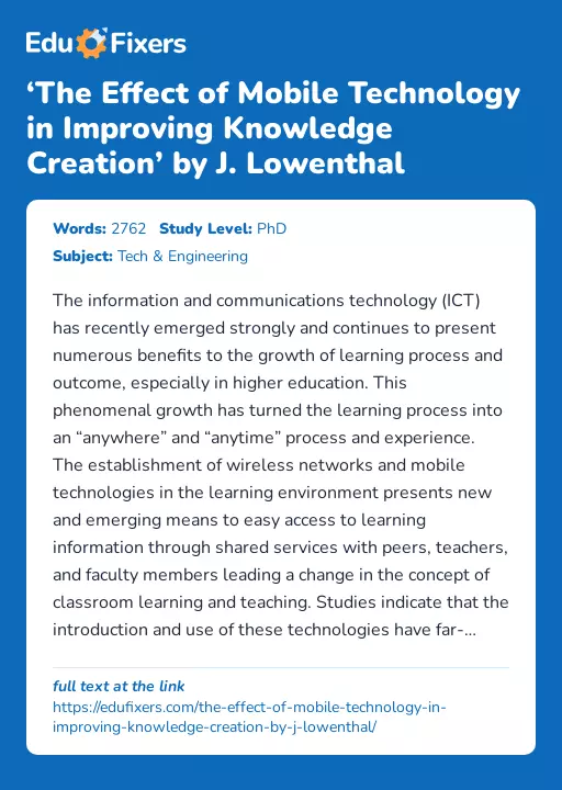 ‘The Effect of Mobile Technology in Improving Knowledge Creation’ by J. Lowenthal - Essay Preview