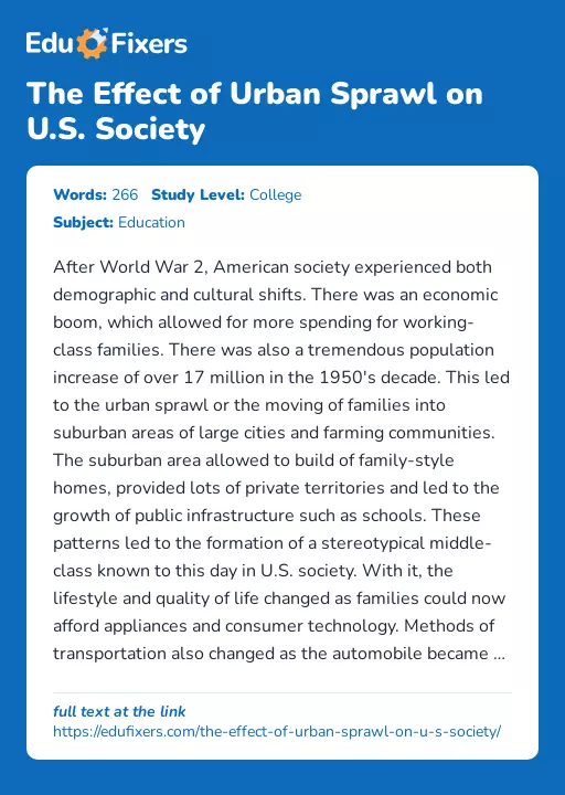 The Effect of Urban Sprawl on U.S. Society - Essay Preview