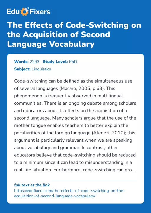 The Effects of Code-Switching on the Acquisition of Second Language Vocabulary - Essay Preview