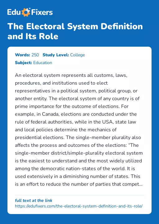 The Electoral System Definition and Its Role - Essay Preview