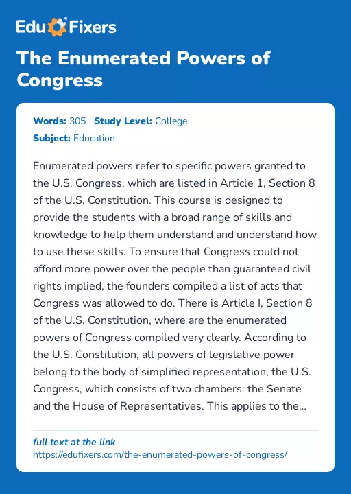 The Enumerated Powers of Congress - Essay Preview