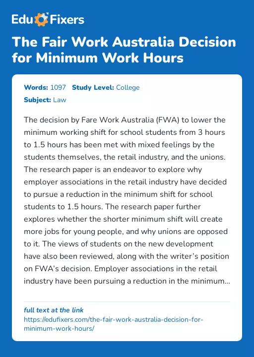 The Fair Work Australia Decision for Minimum Work Hours - Essay Preview