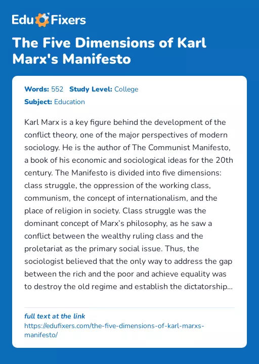 The Five Dimensions of Karl Marx's Manifesto - Essay Preview
