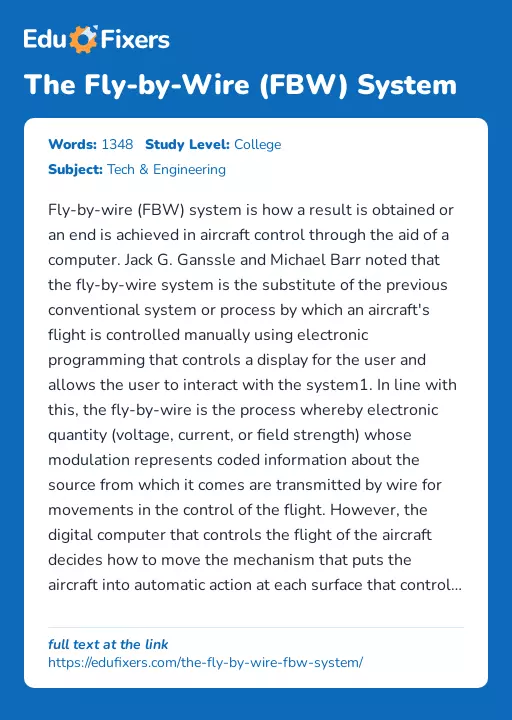 The Fly-by-Wire (FBW) System - Essay Preview