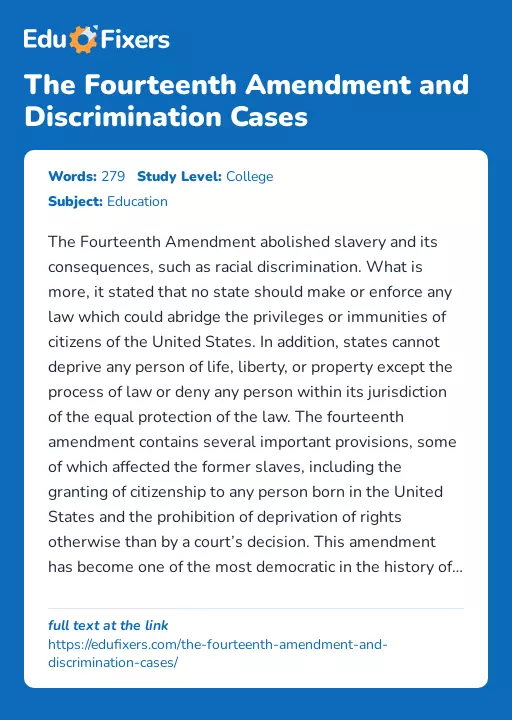 The Fourteenth Amendment and Discrimination Cases - Essay Preview