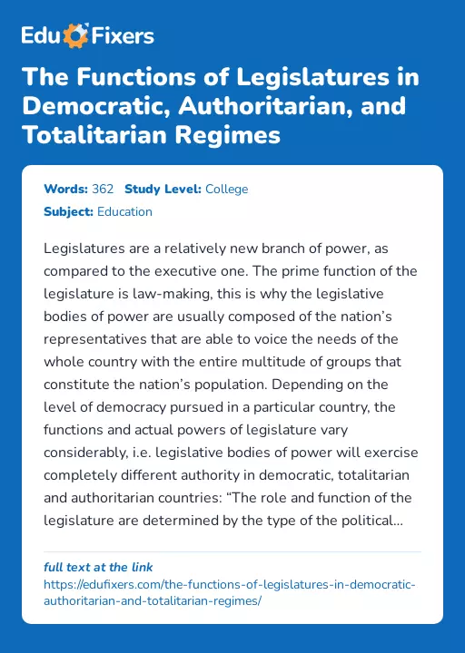 The Functions of Legislatures in Democratic, Authoritarian, and Totalitarian Regimes - Essay Preview