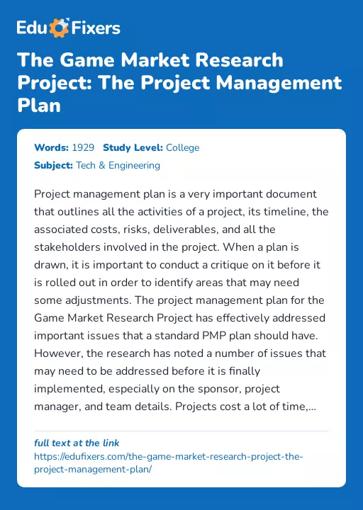 The Game Market Research Project: The Project Management Plan - Essay Preview