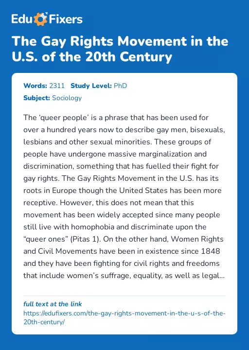 The Gay Rights Movement in the U.S. of the 20th Century - Essay Preview