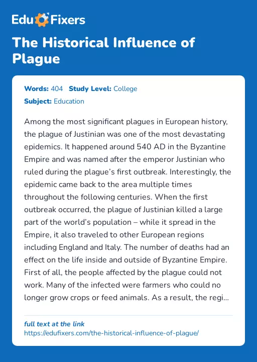 The Historical Influence of Plague - Essay Preview