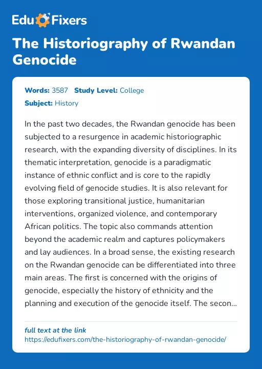 The Historiography of Rwandan Genocide - Essay Preview