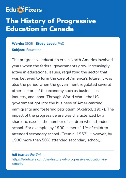 The History of Progressive Education in Canada - Essay Preview