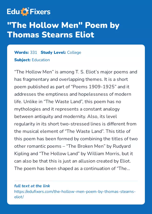 "The Hollow Men" Poem by Thomas Stearns Eliot - Essay Preview