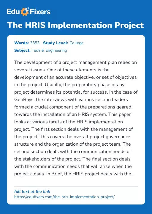 The HRIS Implementation Project - Essay Preview