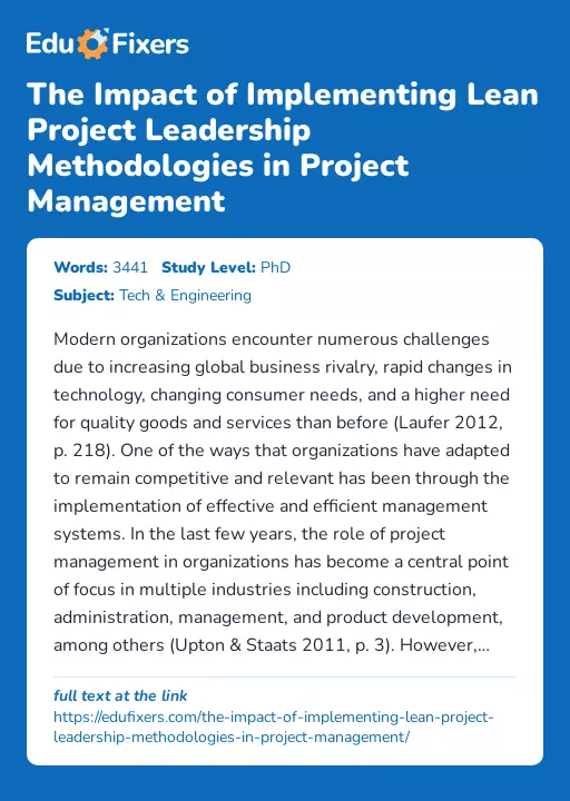 The Impact of Implementing Lean Project Leadership Methodologies in Project Management - Essay Preview
