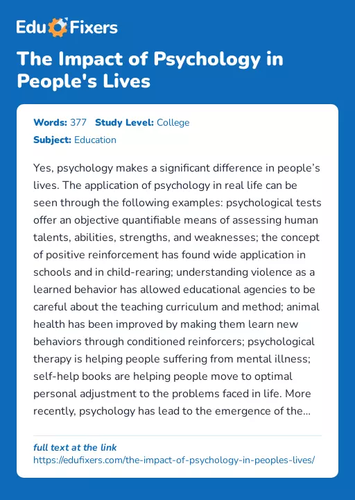 The Impact of Psychology in People's Lives - Essay Preview