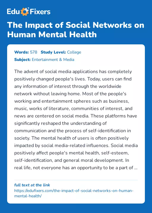 The Impact of Social Networks on Human Mental Health - Essay Preview